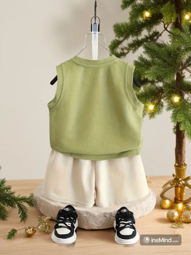 2Pcs Summer Casual Sleeveless Outfit for Kids – Stylish Cap Design & Comfort Shorts